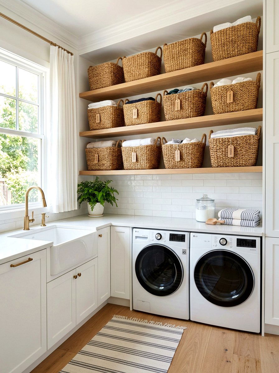 Woven basket laundry storage - 30 small laundry room ideas