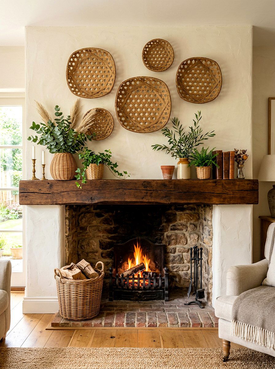 Woven basket mantel - 30 mantel decor ideas