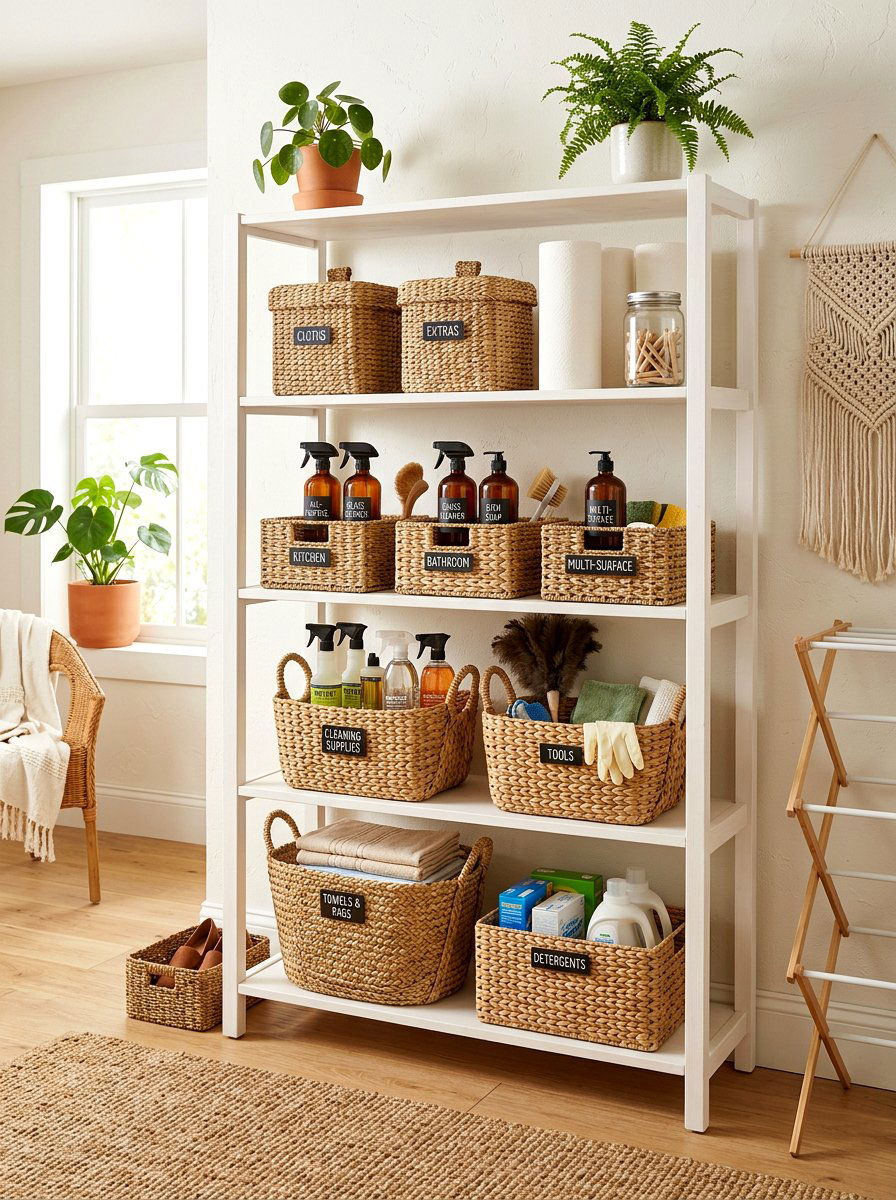 Woven basket organization setup - 30 green cleaning station ideas