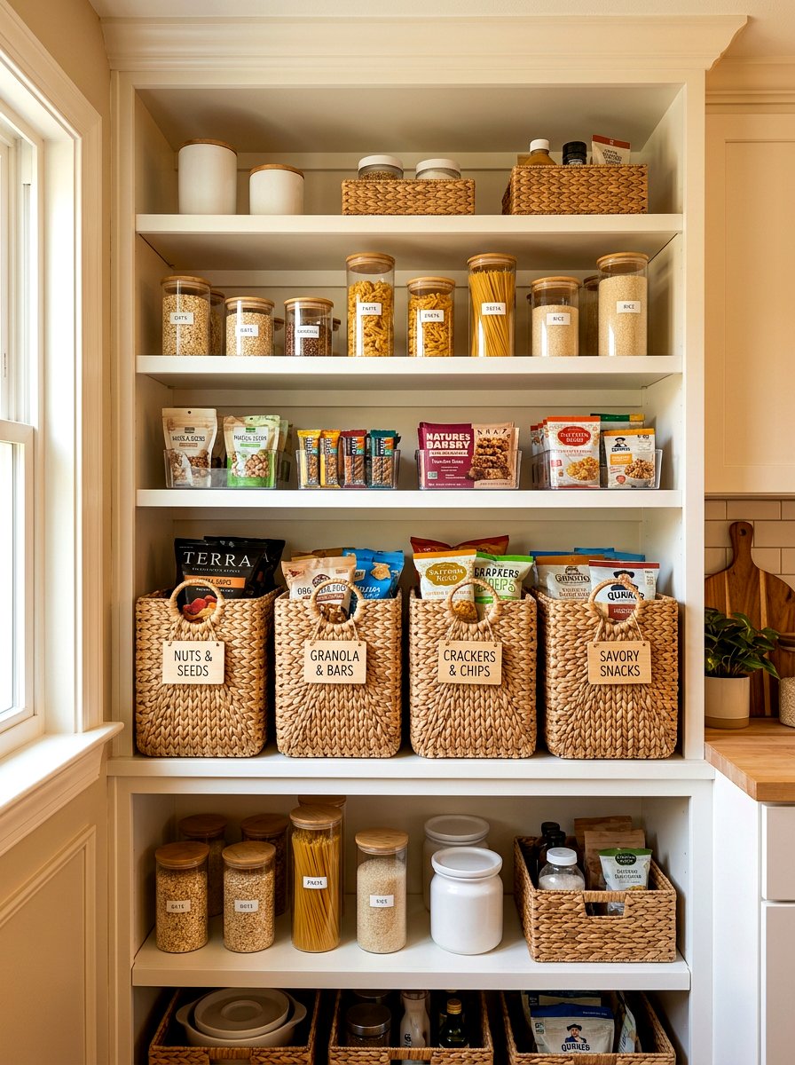 Woven basket pantry - 30 pantry snack zone ideas