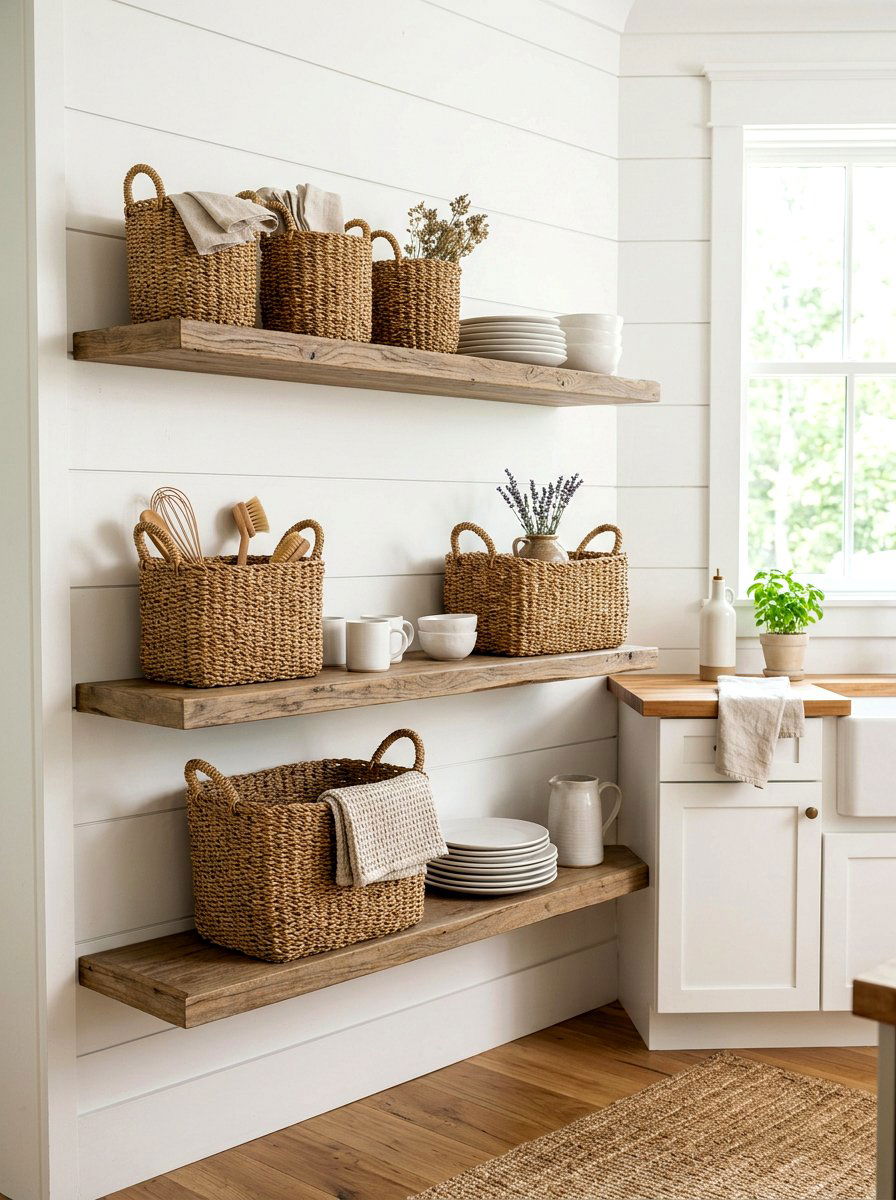 Woven basket shelf decor - 30 fall kitchen shelf decor ideas