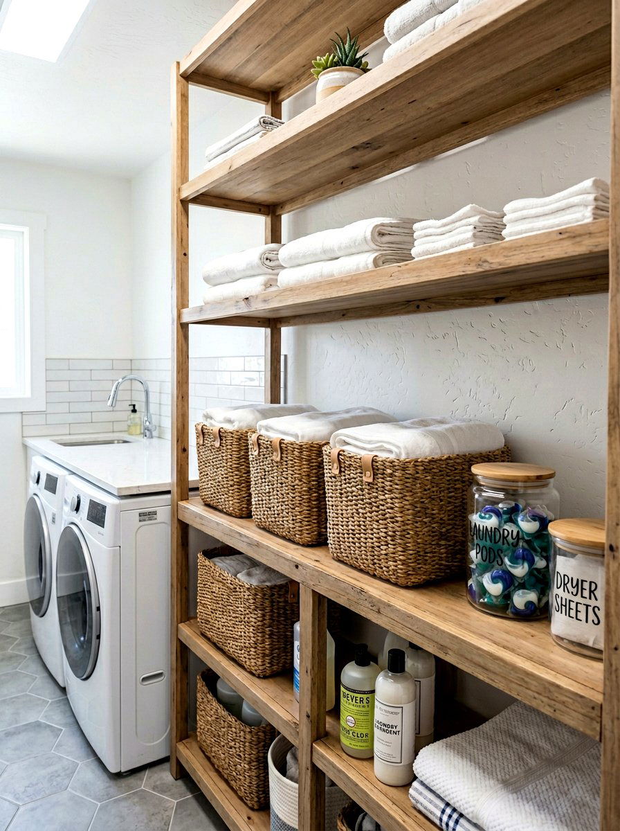 Woven basket storage - 30 open cabinet styling ideas