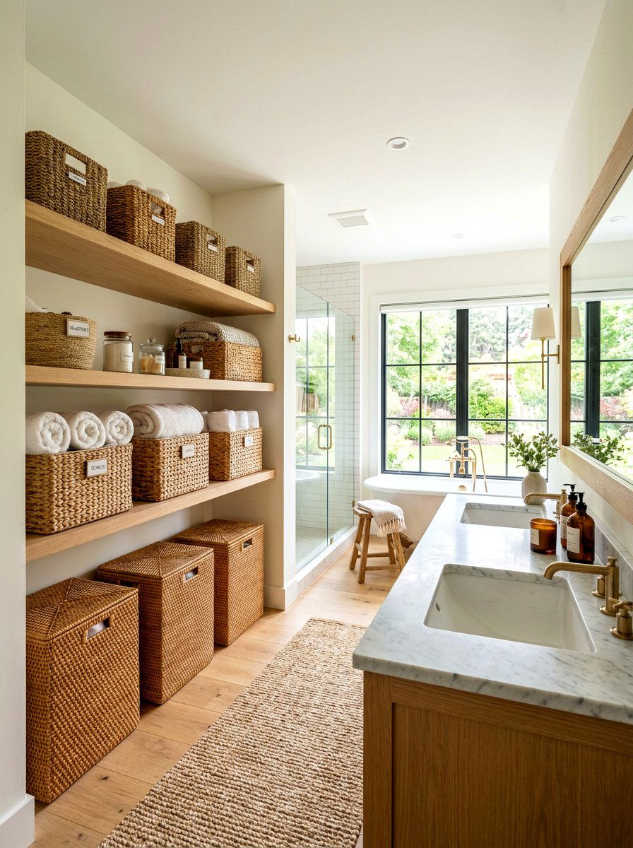 Woven basket storage - 30 rustic bathroom ideas