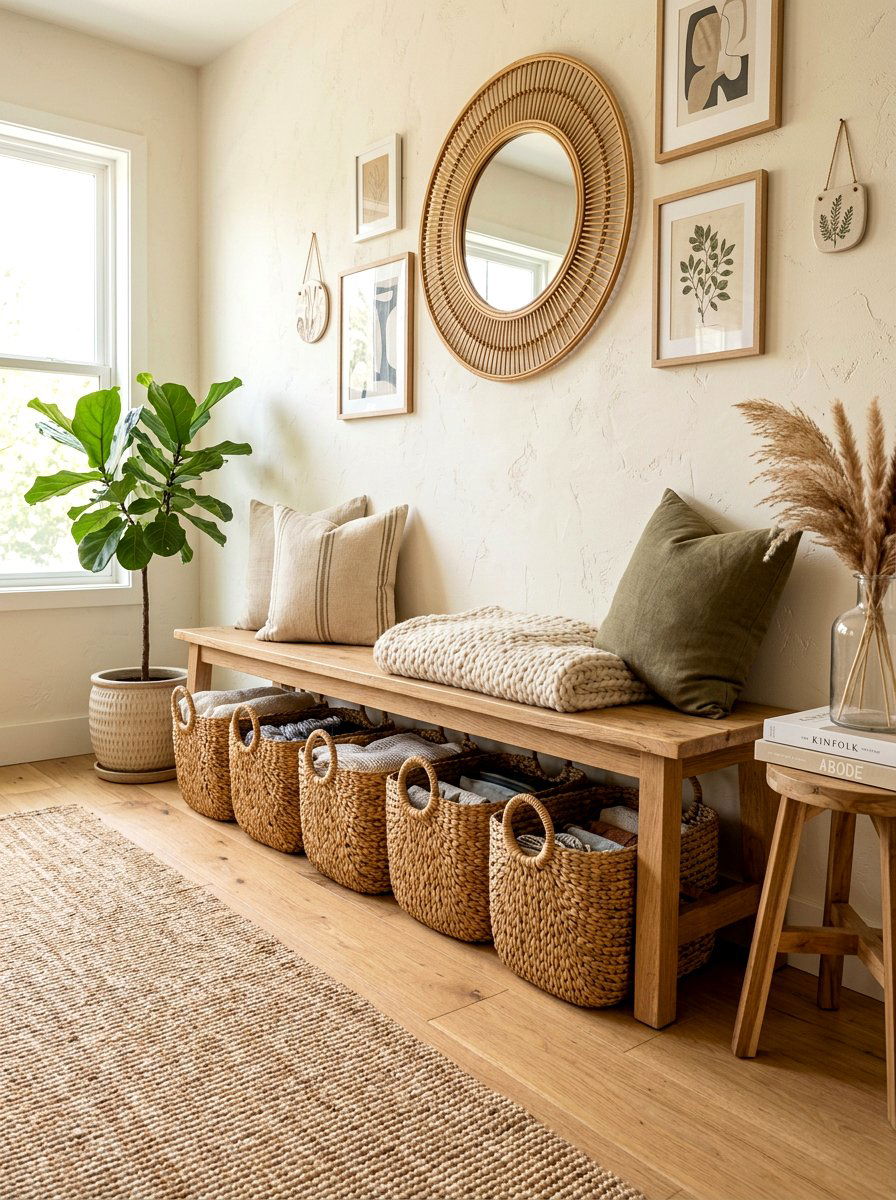 Woven basket storage - 30 drop zone shelf ideas