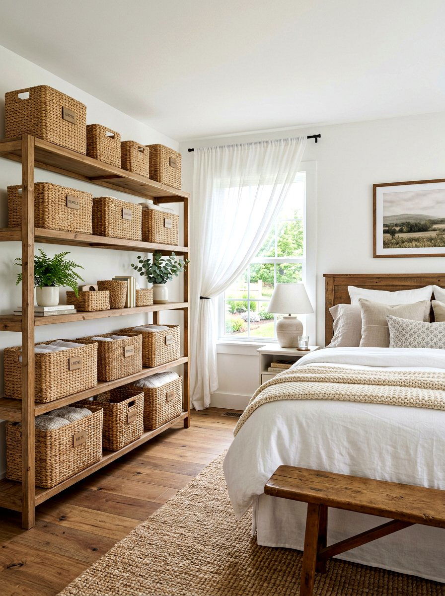 Woven basket storage - 30 farmhouse bedroom ideas