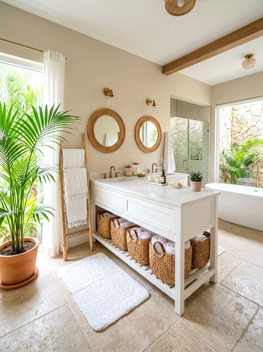 Woven basket storage bathroom - 30 nautical bathroom ideas