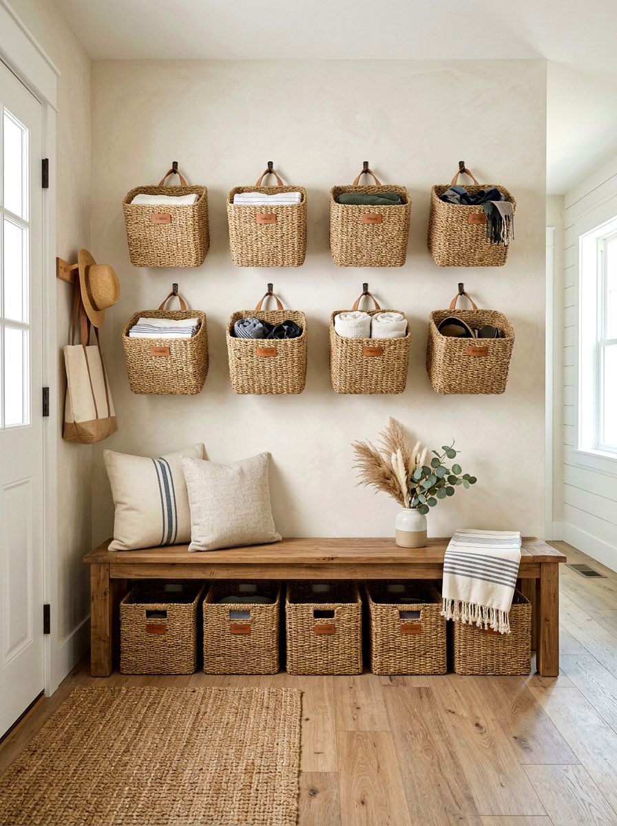Woven basket storage wall - 30 earthy entryway ideas