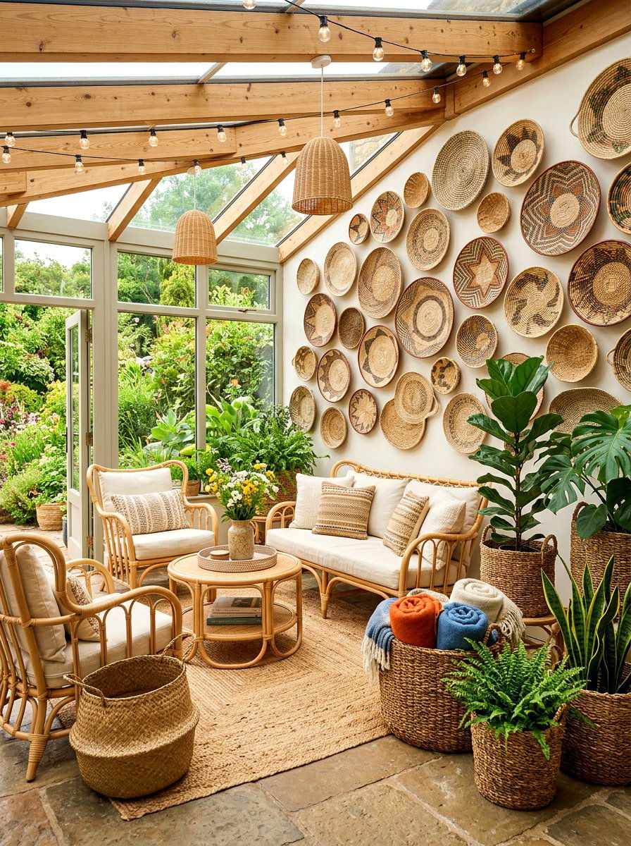 Woven basket sunroom - 30 boho sunroom ideas