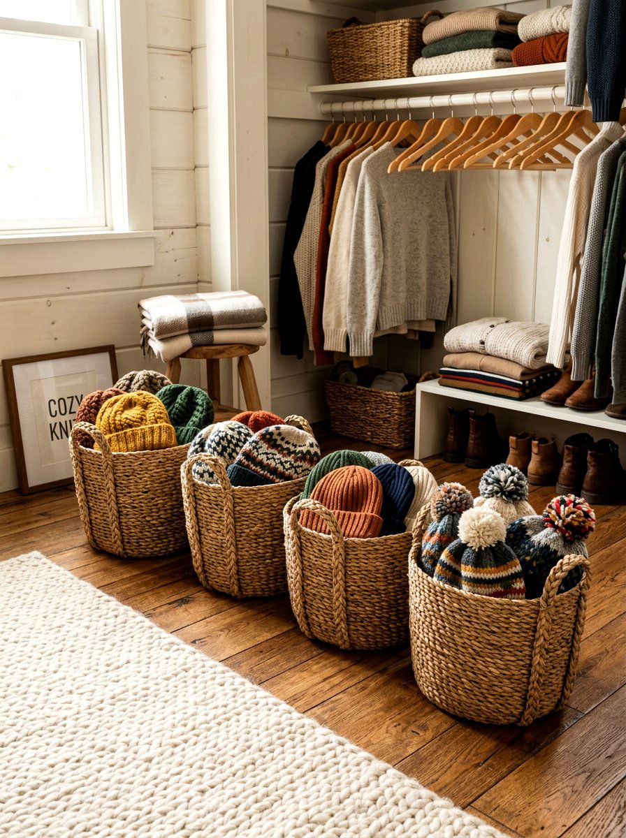 Woven baskets for beanies - 30 hat storage closet ideas