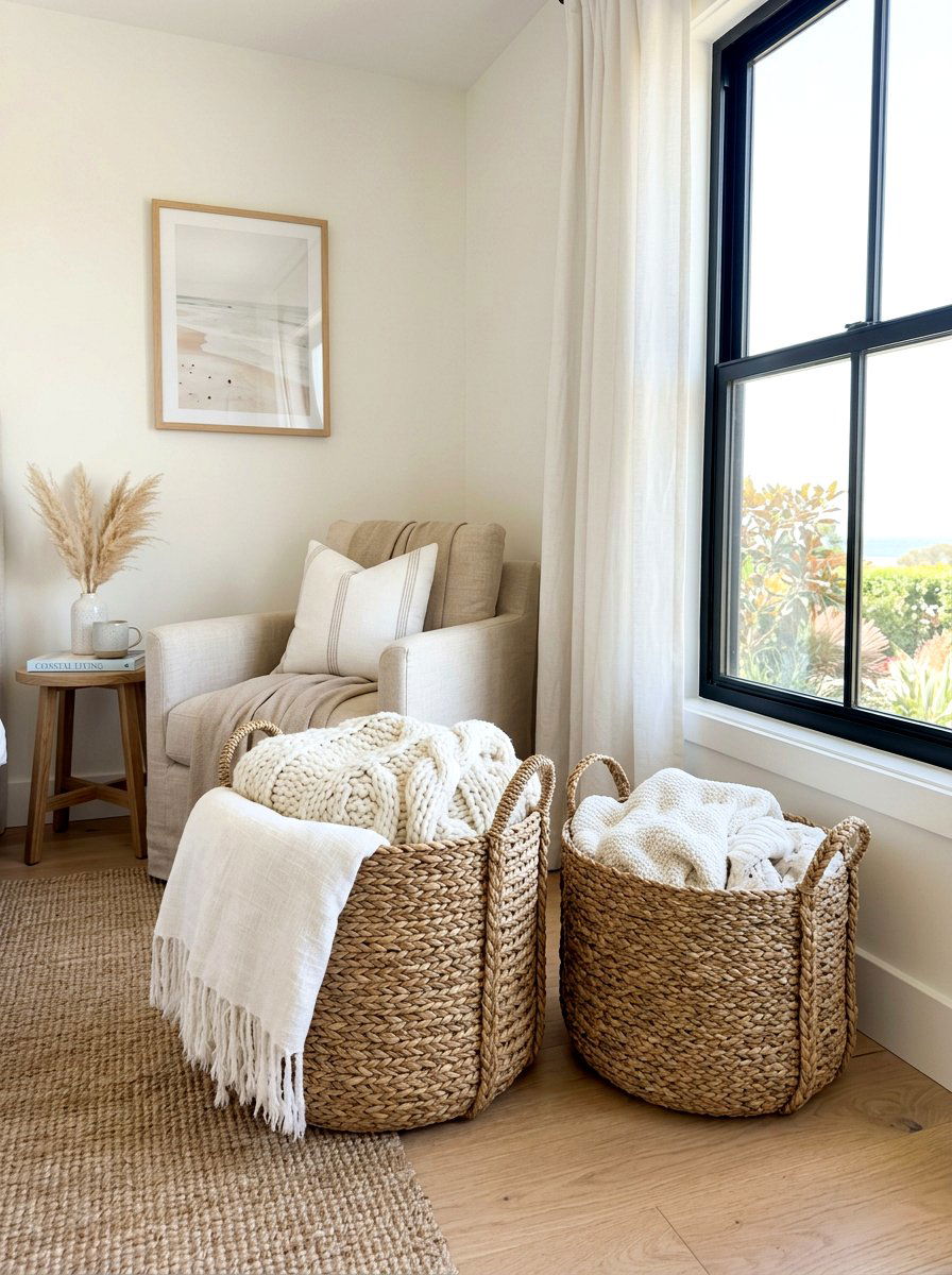Woven baskets for blankets - 30 minimalist bedroom storage ideas