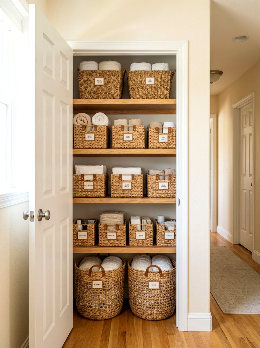 Woven baskets for closet organization - 30 cleaning supply storage ideas