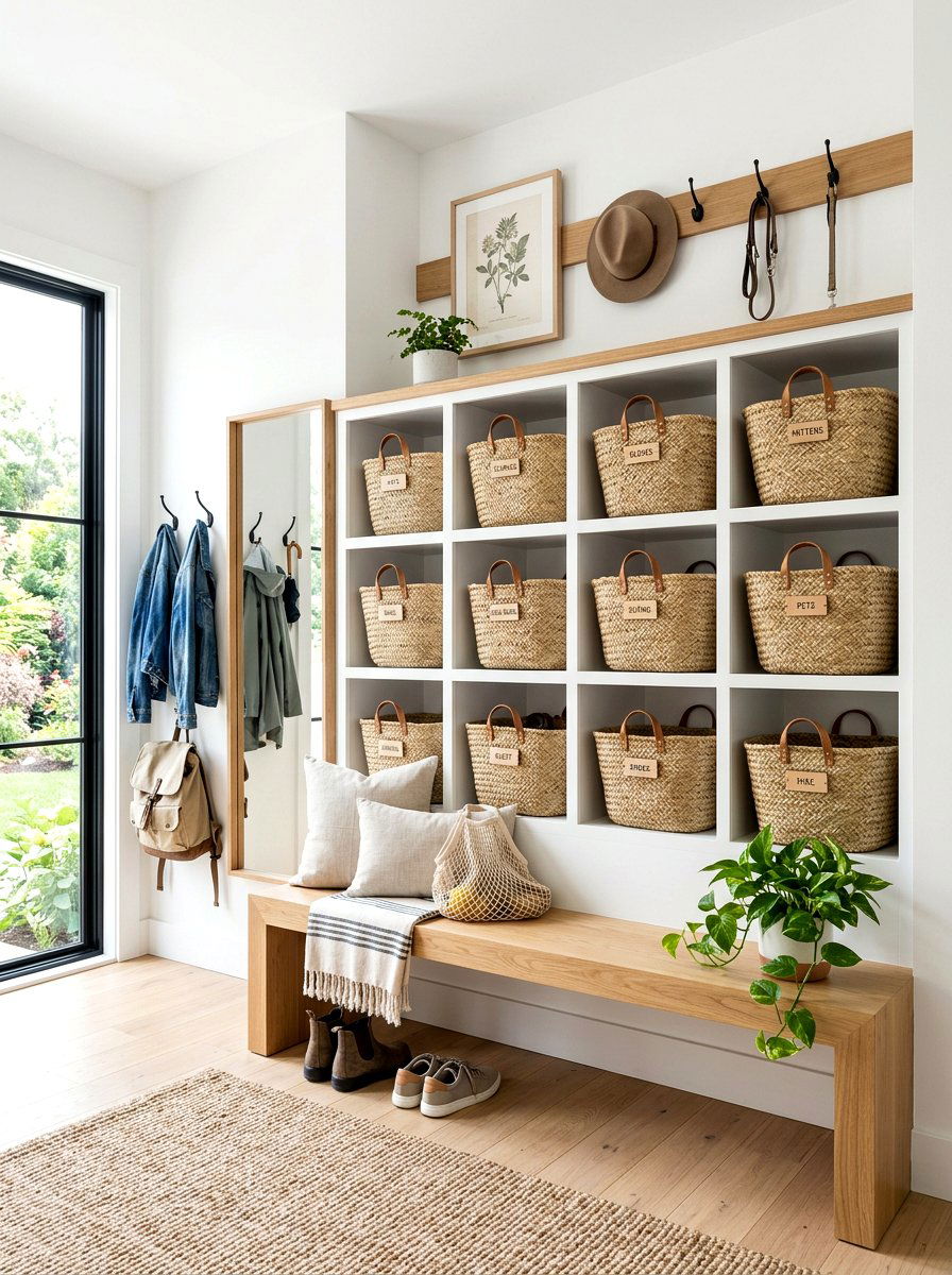 Woven baskets for mudroom cubbies - 30 organizing a mudroom ideas