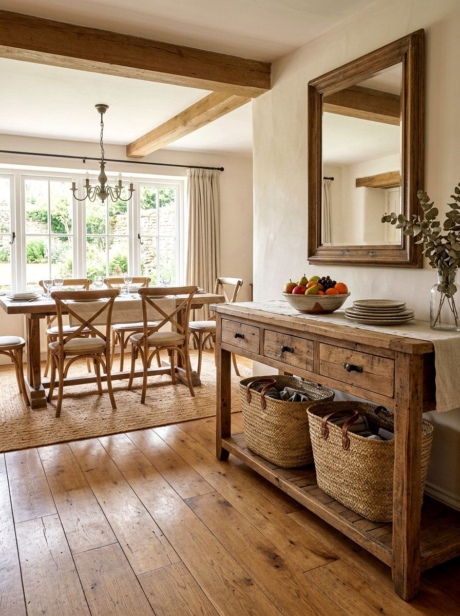 Woven baskets under dining room sideboard - 30 dining room sideboard styling ideas
