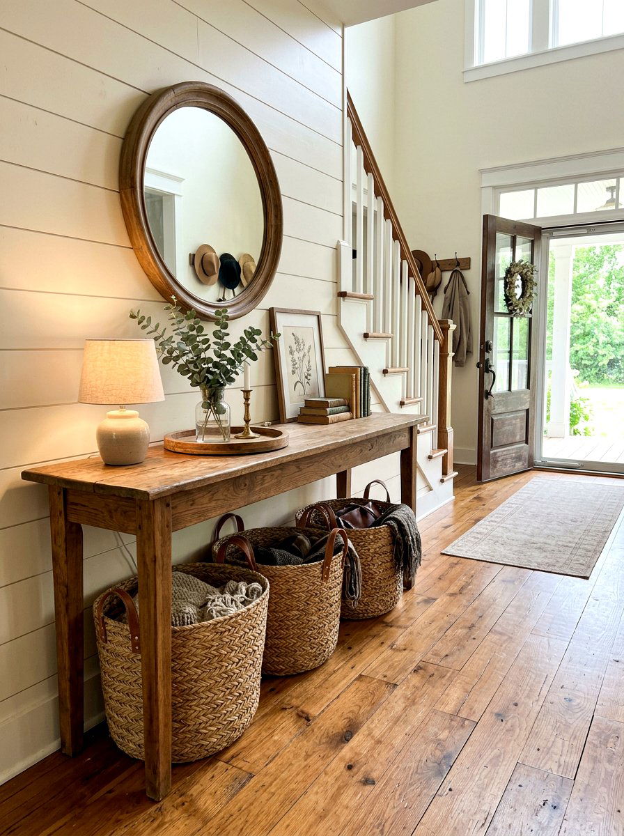 Woven baskets under foyer table - 30 foyer console styling ideas