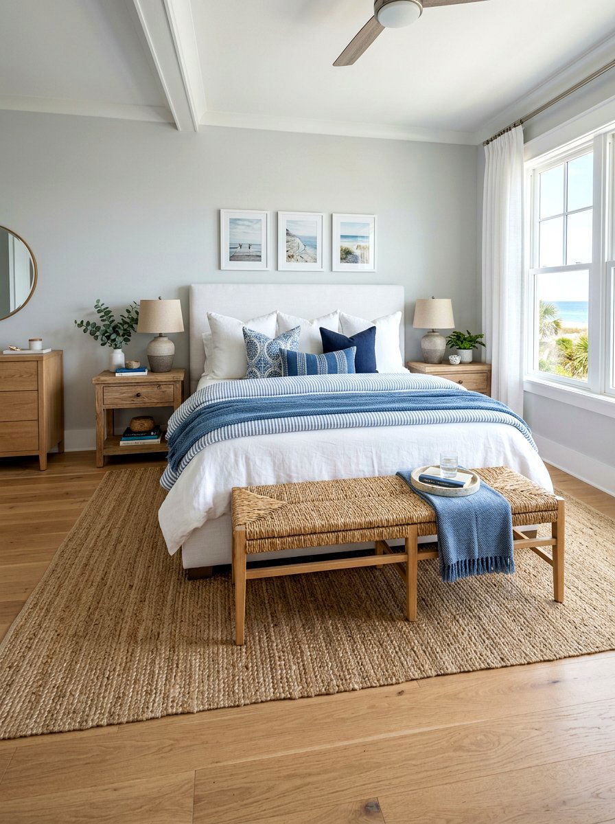 Woven bench bedroom - 30 coastal prep bedroom ideas