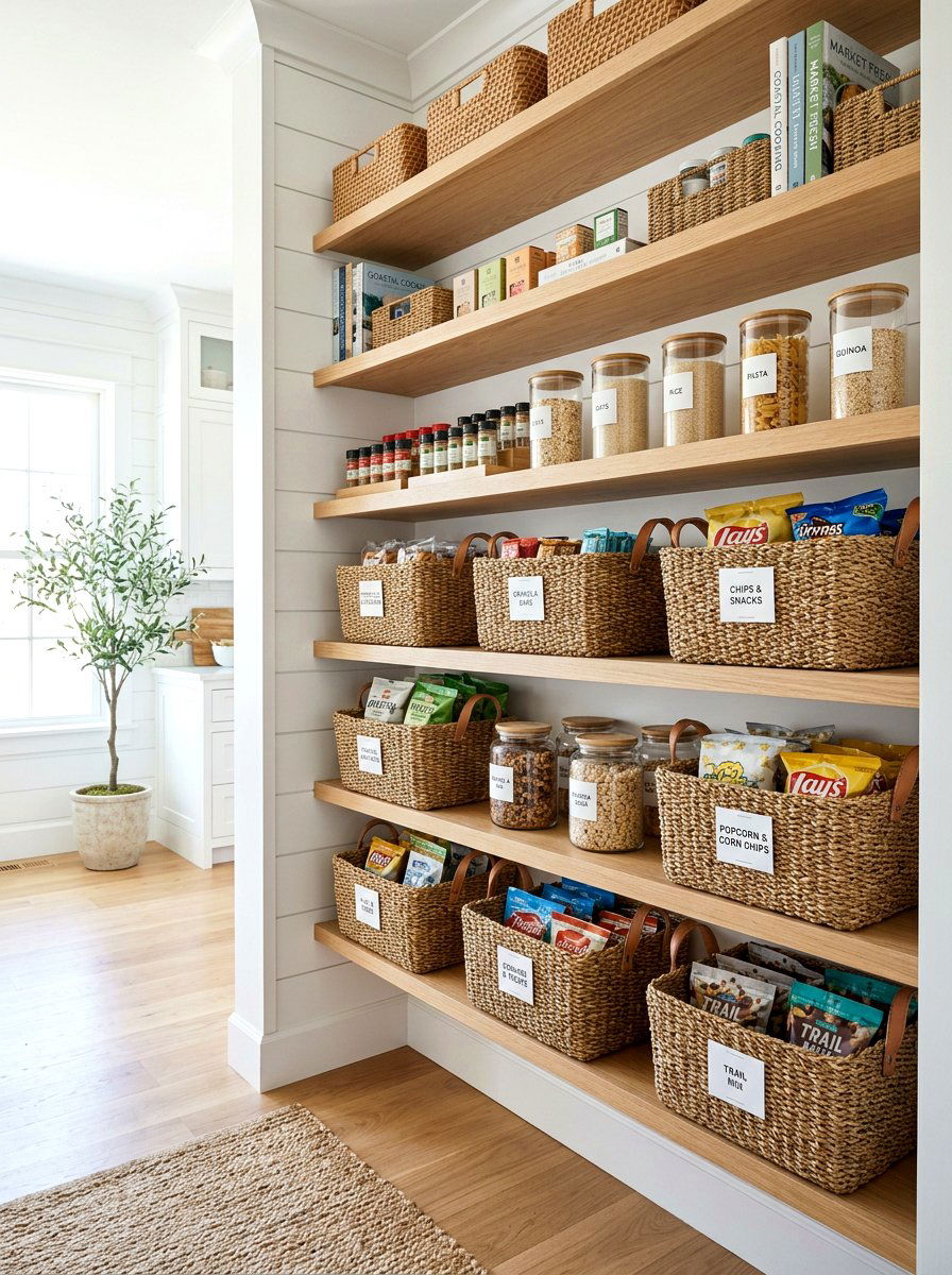 Woven bins for bulk snacks - 30 pantry decanting ideas