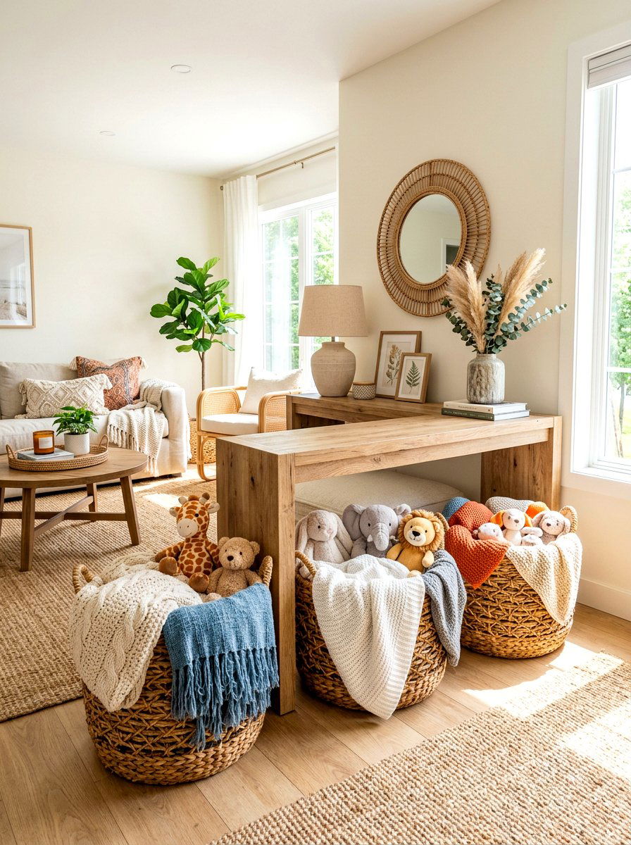 Woven floor baskets - 30 family friendly living room storage ideas