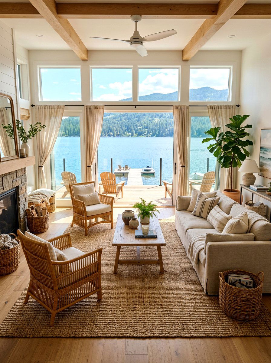 Woven furniture lake house - 30 lake house living room ideas