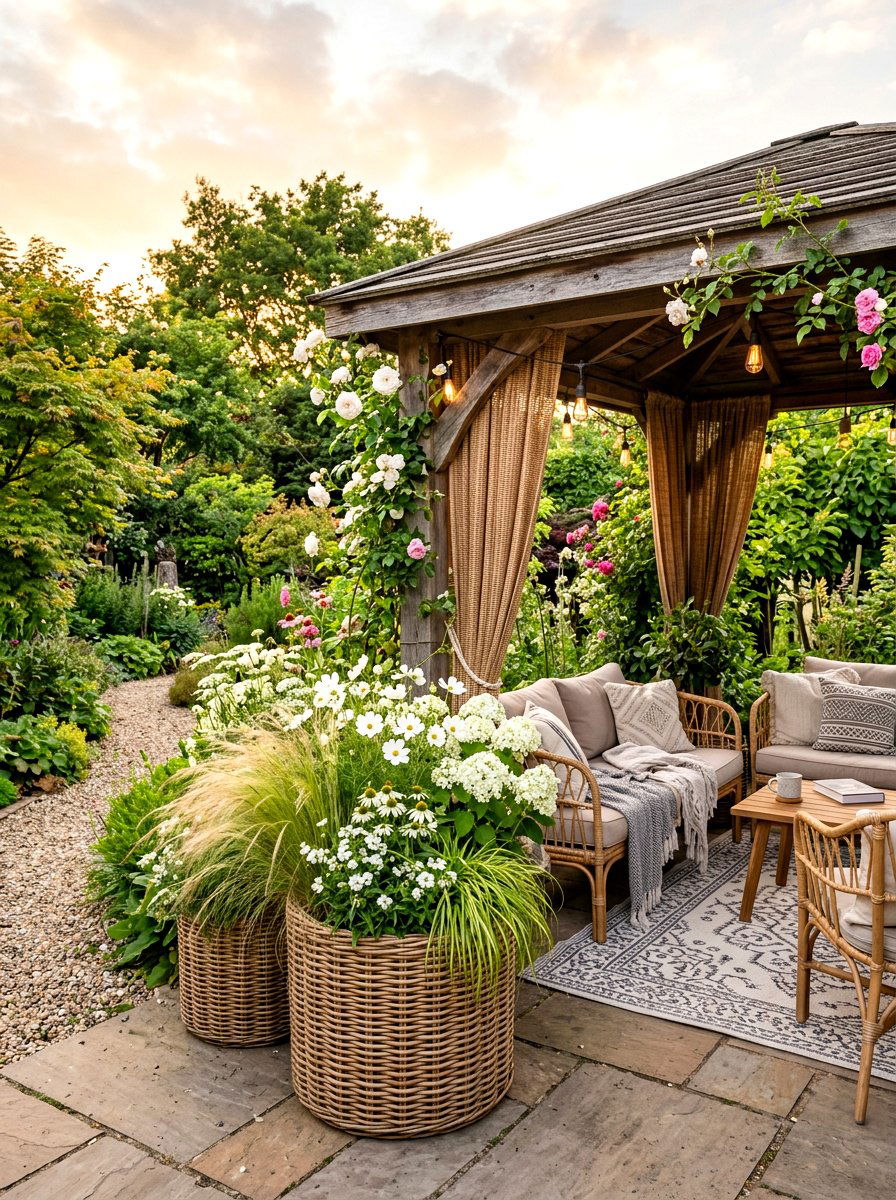 Woven gazebo wicker planters - 30 gazebo planter ideas