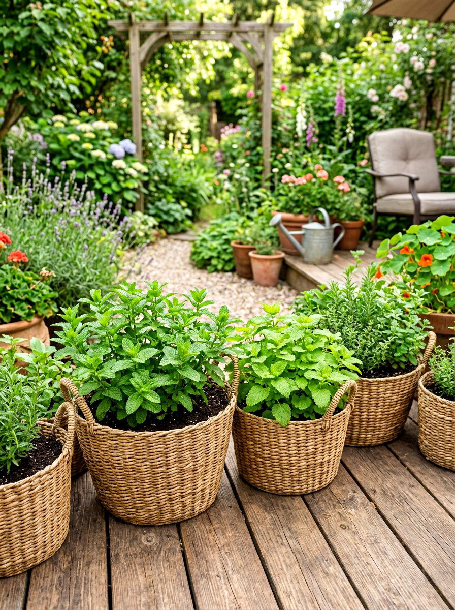 Woven herb garden baskets - 30 rooftop herb garden ideas
