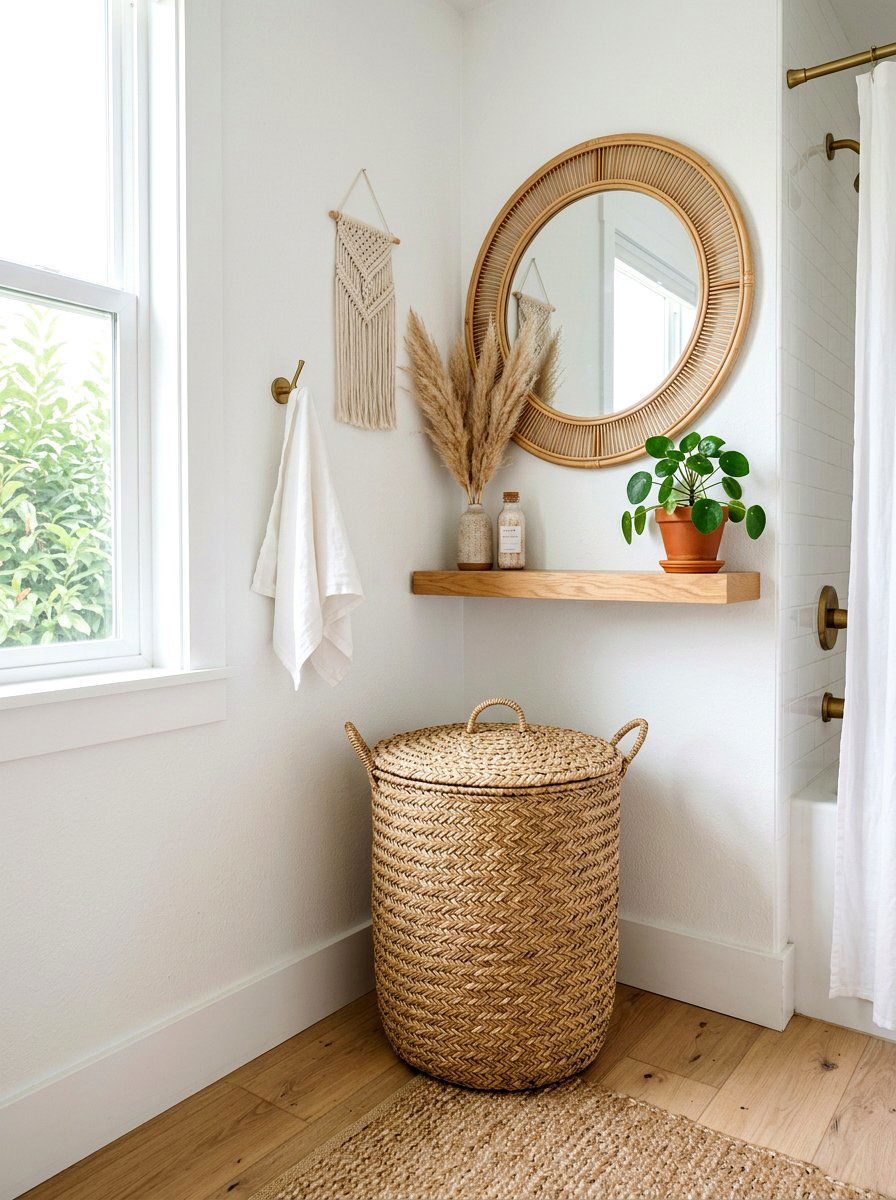 Woven laundry basket - 30 rental bathroom makeover ideas aesthetic