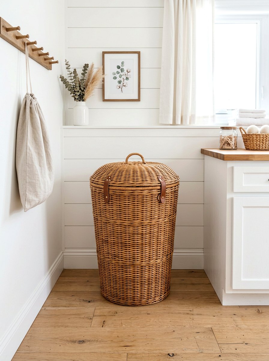 Woven laundry hamper - 30 farmhouse laundry room ideas