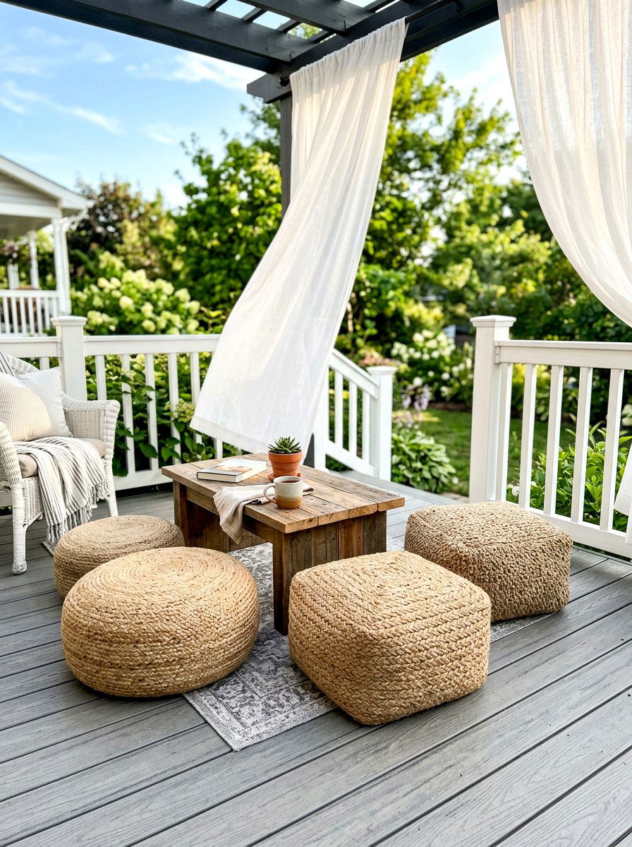 Woven outdoor floor poufs - 30 Nancy Meyers front porch ideas