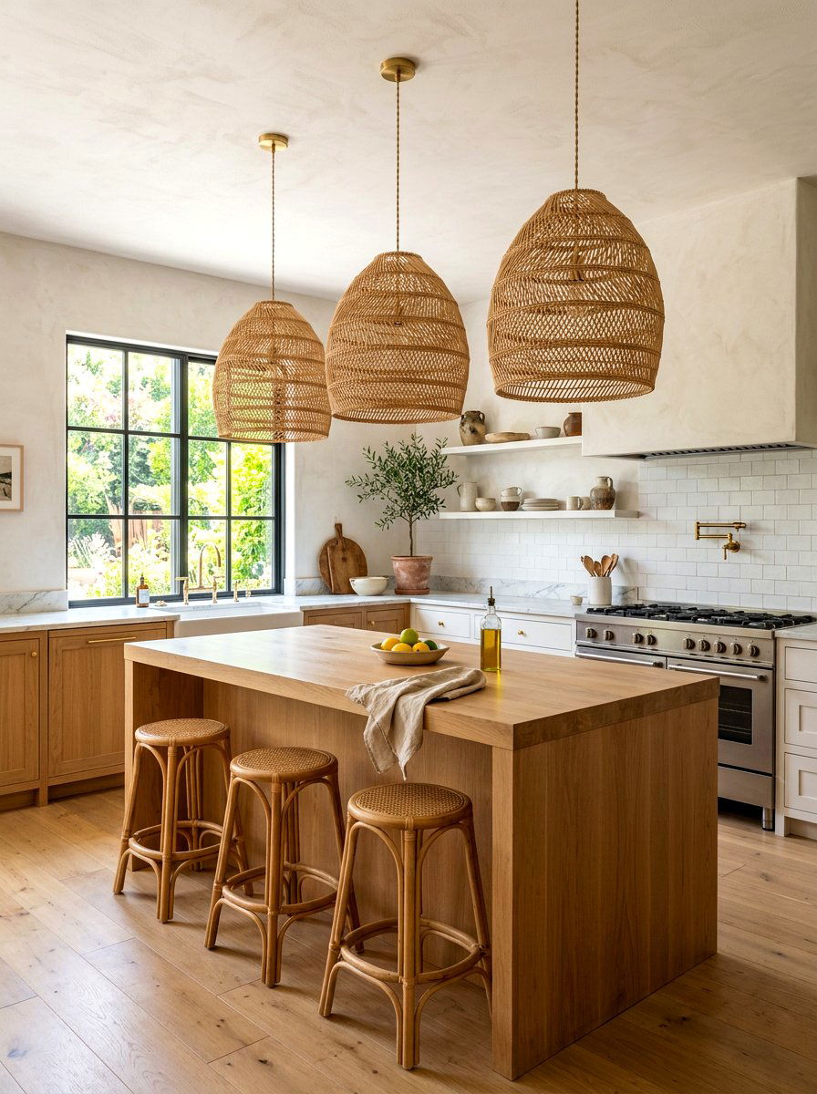 Woven pendant lights - 30 wabi sabi kitchen ideas