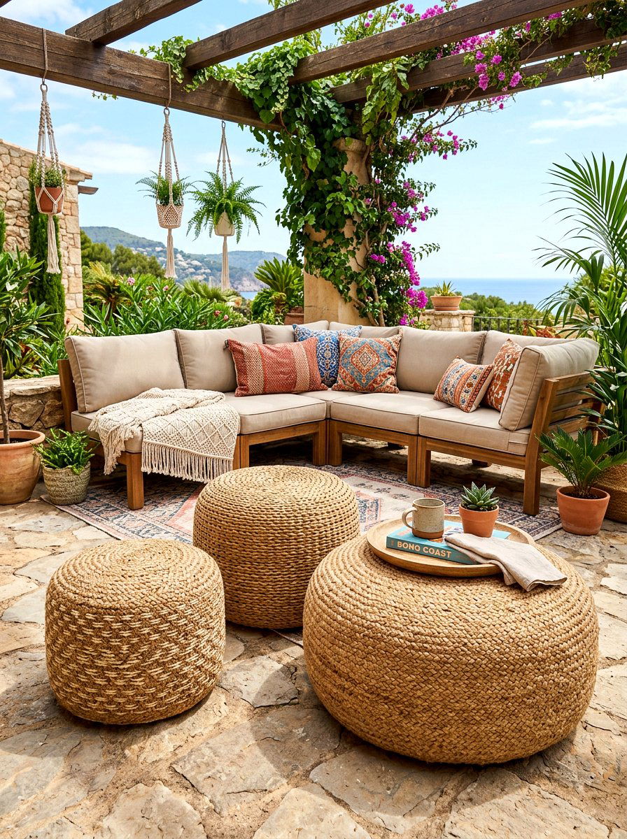 Woven pouf ottoman - 30 boho outdoor furniture ideas