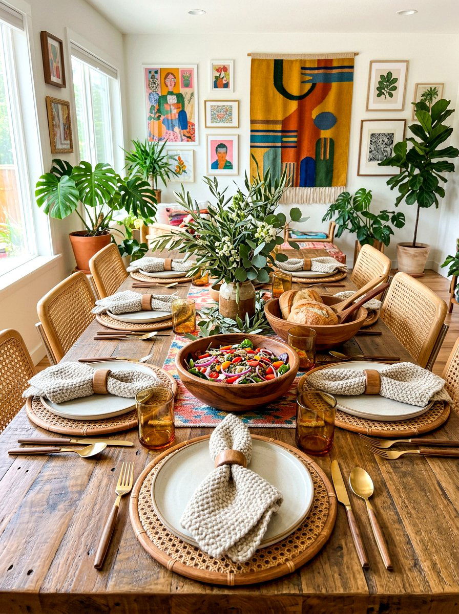 Woven rattan and wood chargers - 30 Thanksgiving brunch table ideas