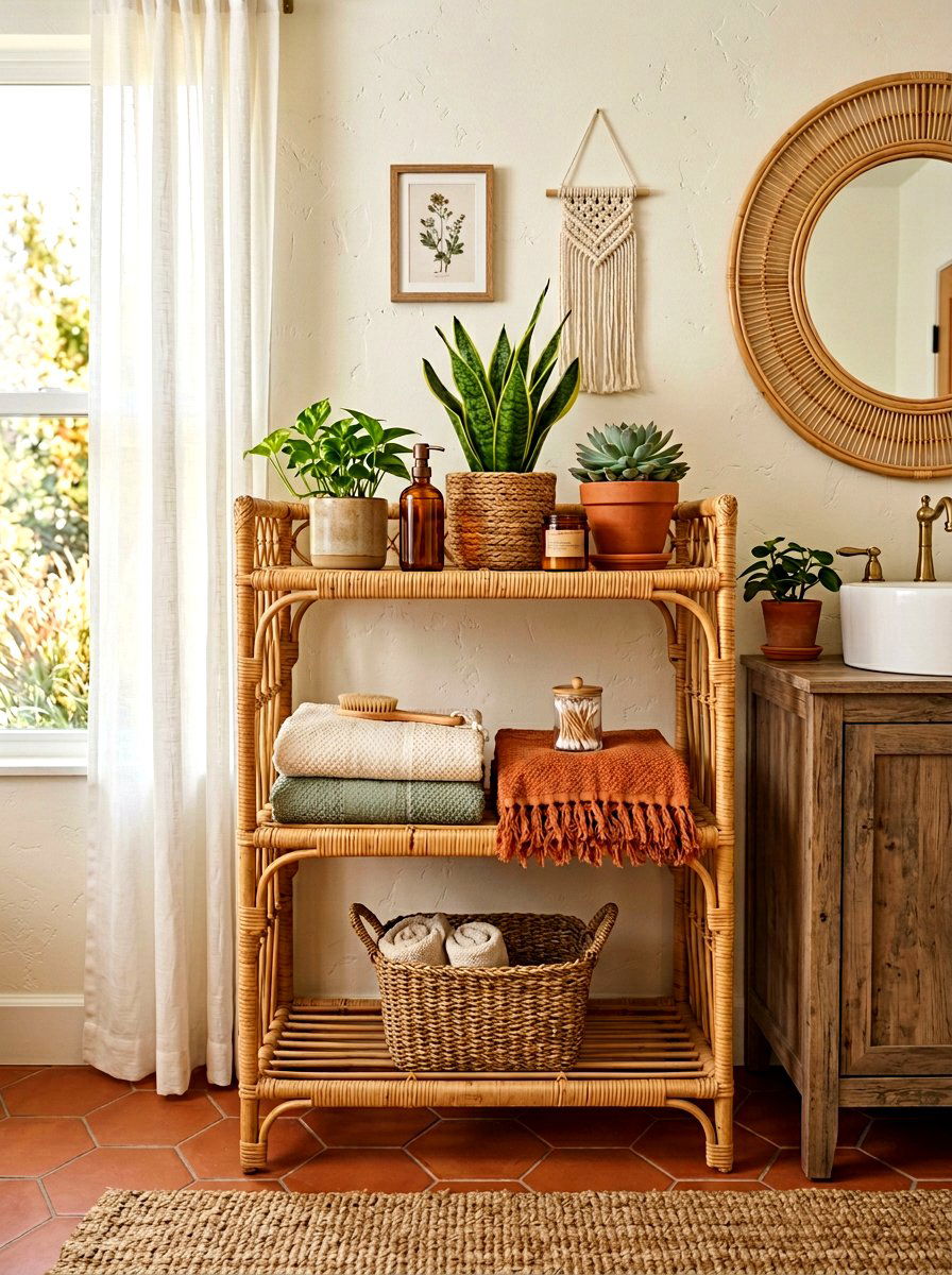 Woven rattan bathroom shelf - 30 bathroom plant shelf ideas