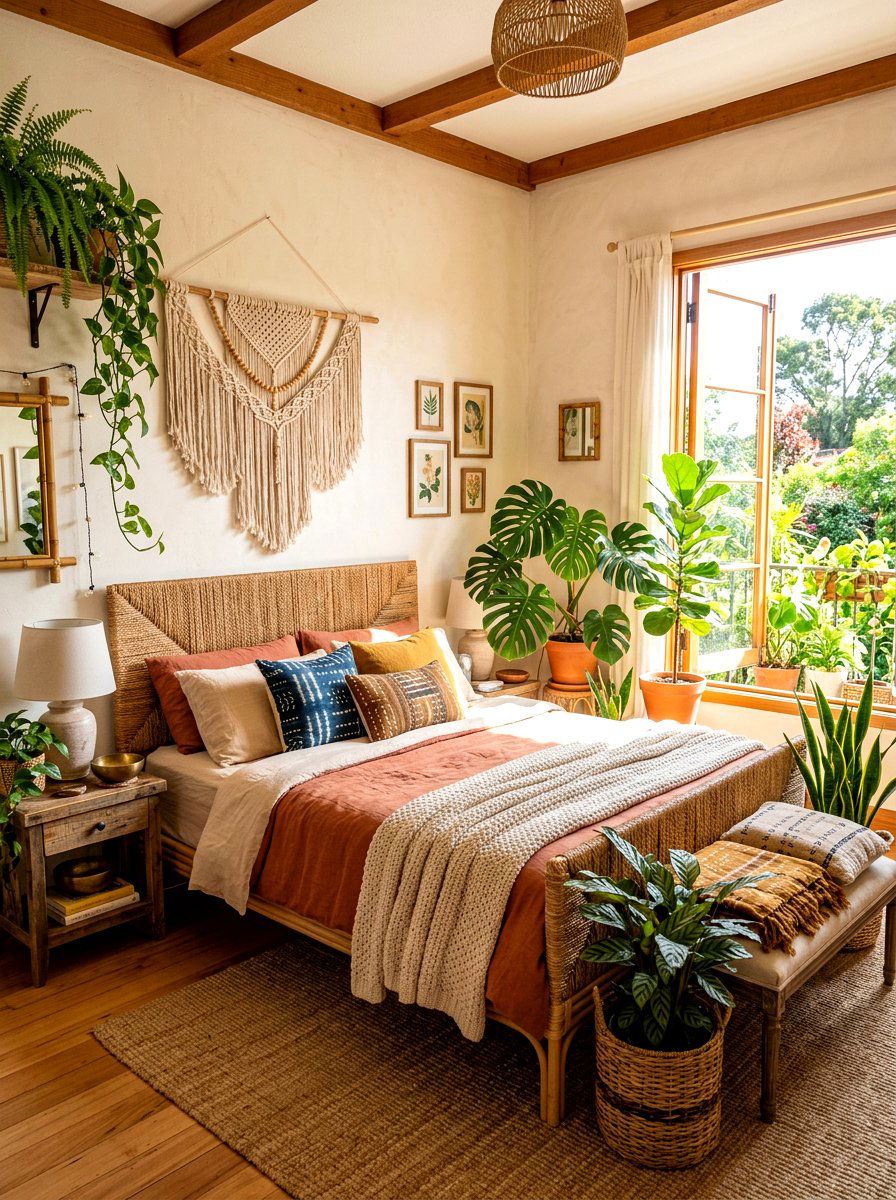 Woven rattan bed - 30 tactile bedroom decor ideas