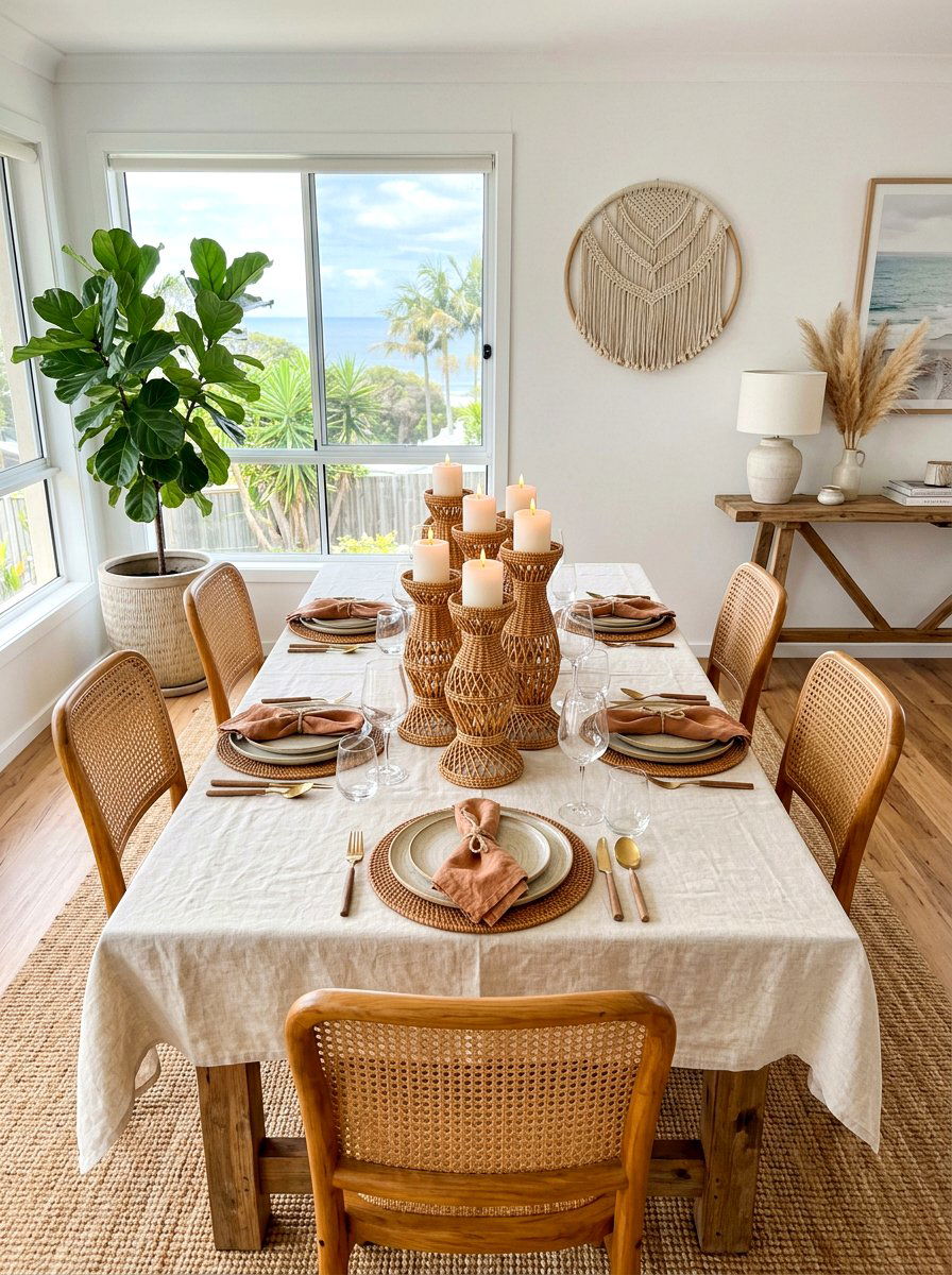 Woven rattan candle holder dining table - 30 candlelit dining room ideas aesthetic