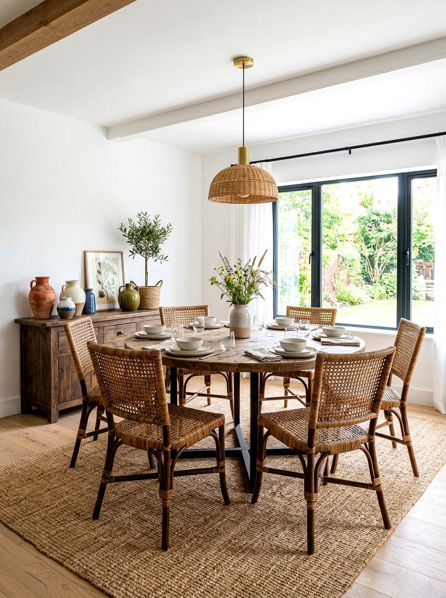 Woven rattan dining chairs - 30 Mediterranean dining room ideas