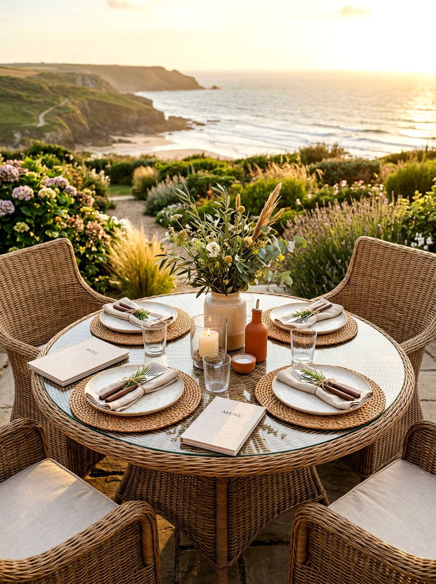 Woven rattan garden dining table - 30 garden salad tablescape ideas