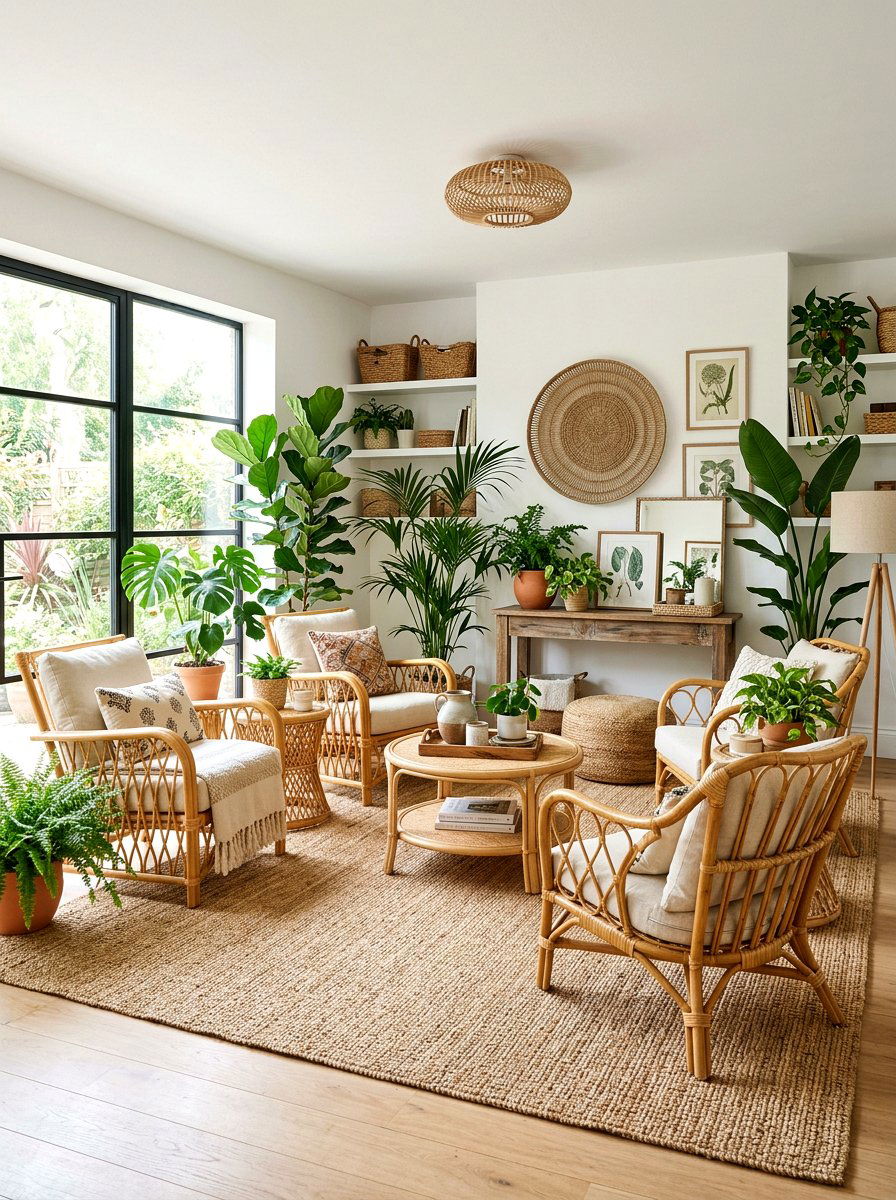 Woven rattan living room - 30 earth tone living space ideas