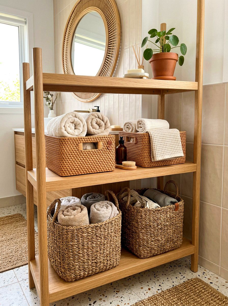 Woven rattan storage baskets - 30 spa shelf styling bathroom ideas