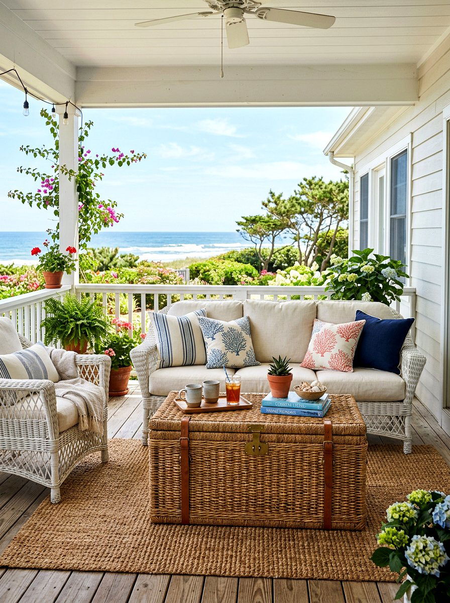 Woven seagrass chest - 30 outdoor blanket storage ideas
