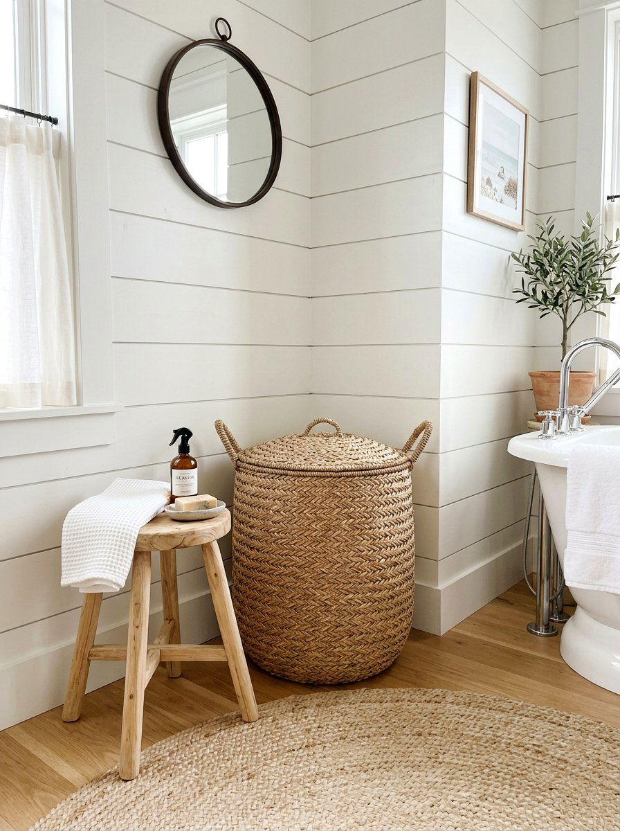 Woven seagrass laundry basket - 30 coastal grandmother bathroom ideas