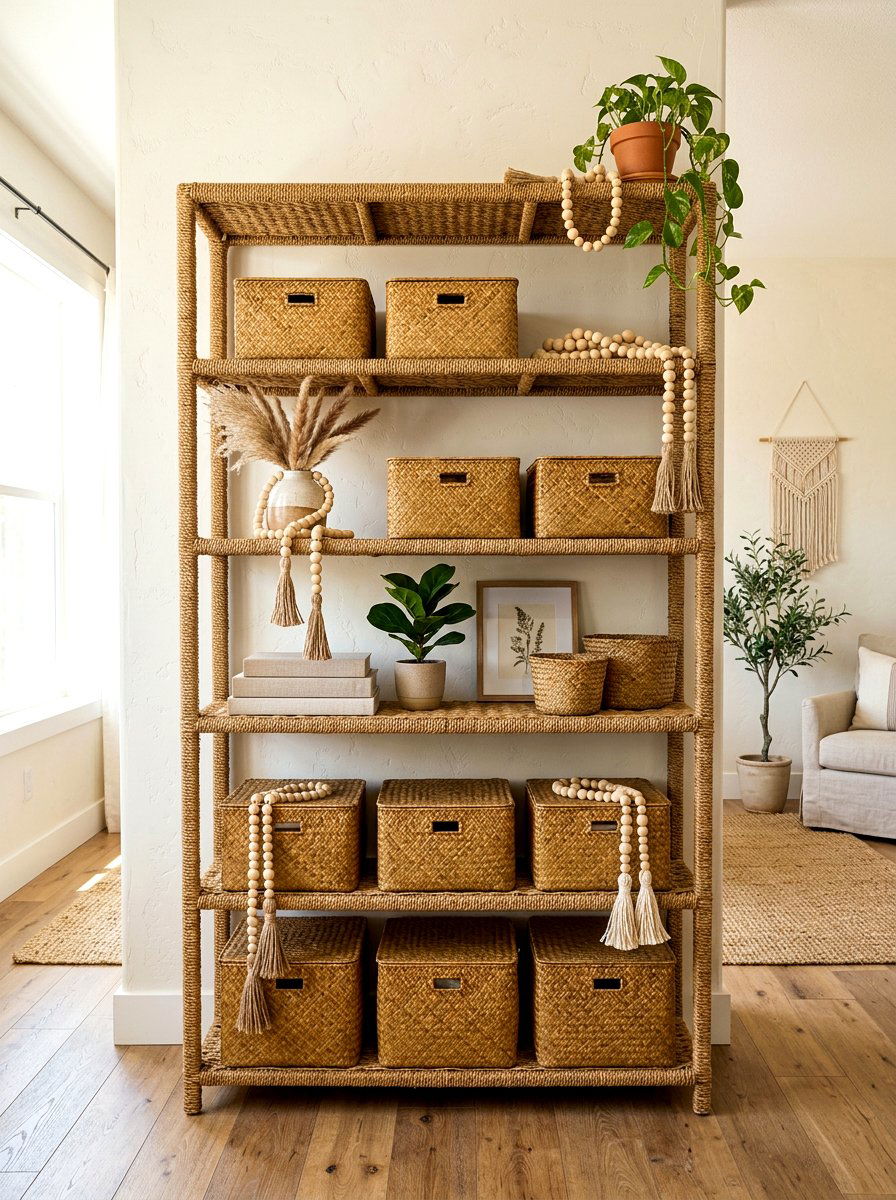 Woven seagrass shelf - 30 summer shelf decor ideas