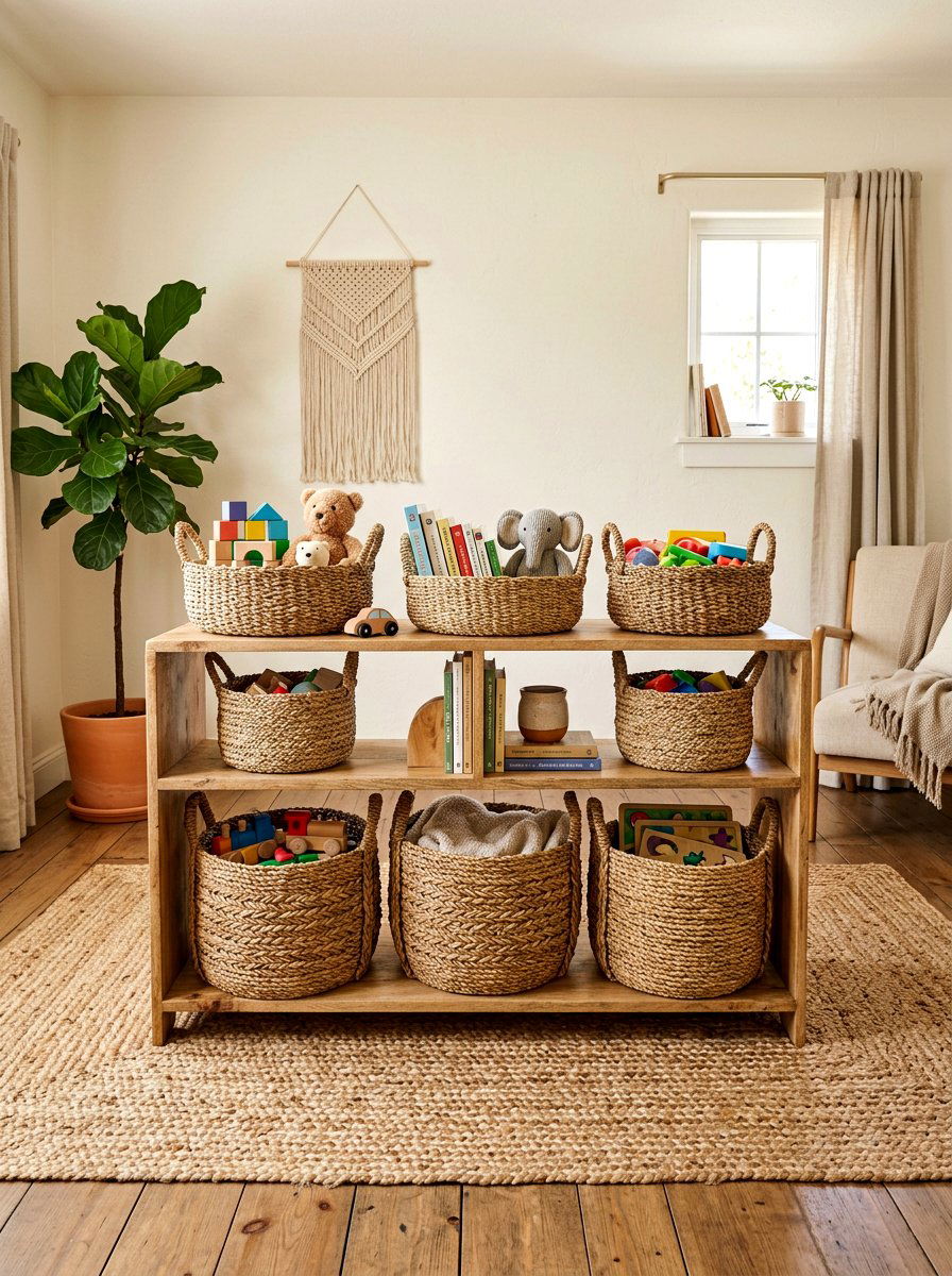 Woven seagrass storage baskets - 30 Montessori playroom aesthetic ideas