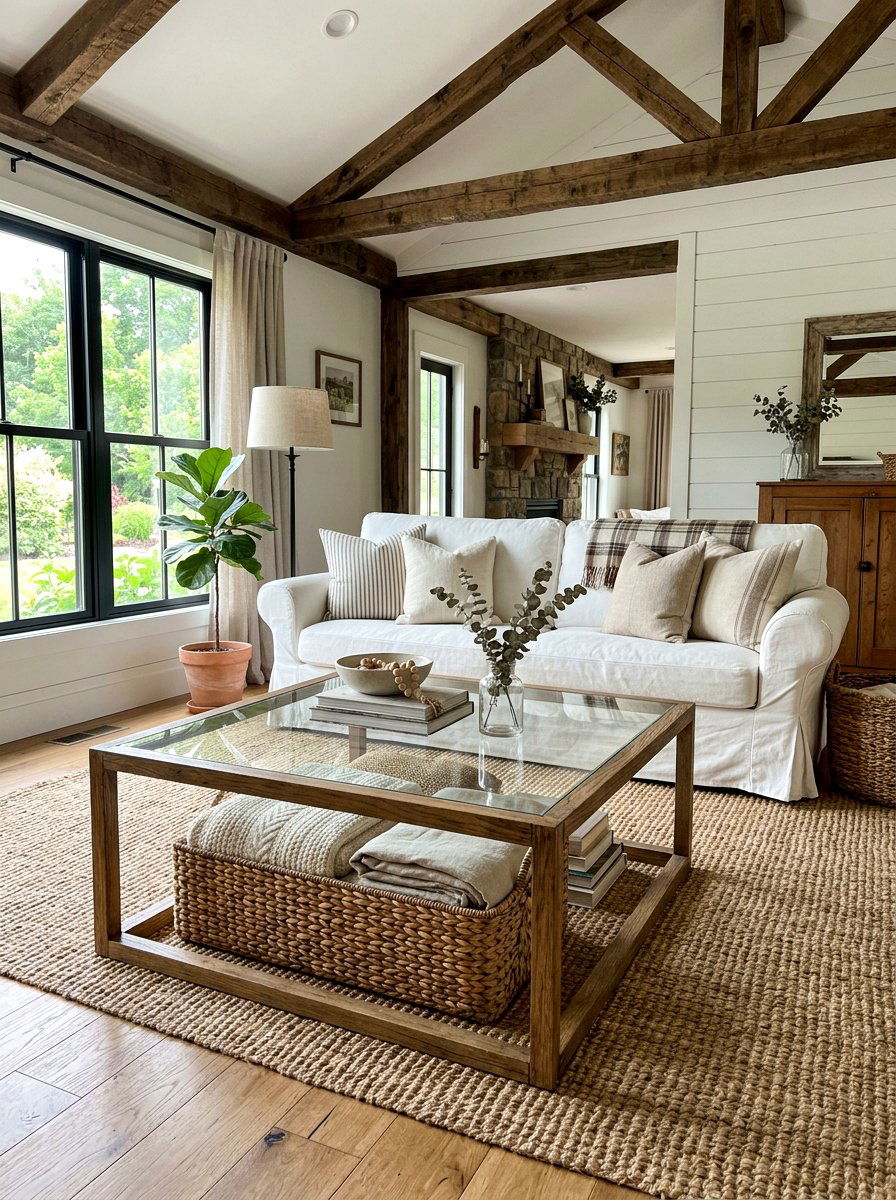 Woven storage basket - 30 glass coffee table styling ideas