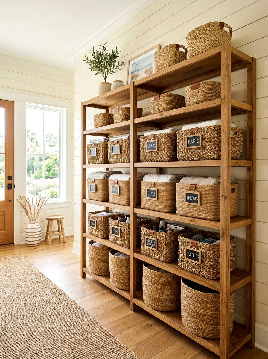 Woven storage basket shelf - 30 wellness shelf styling ideas