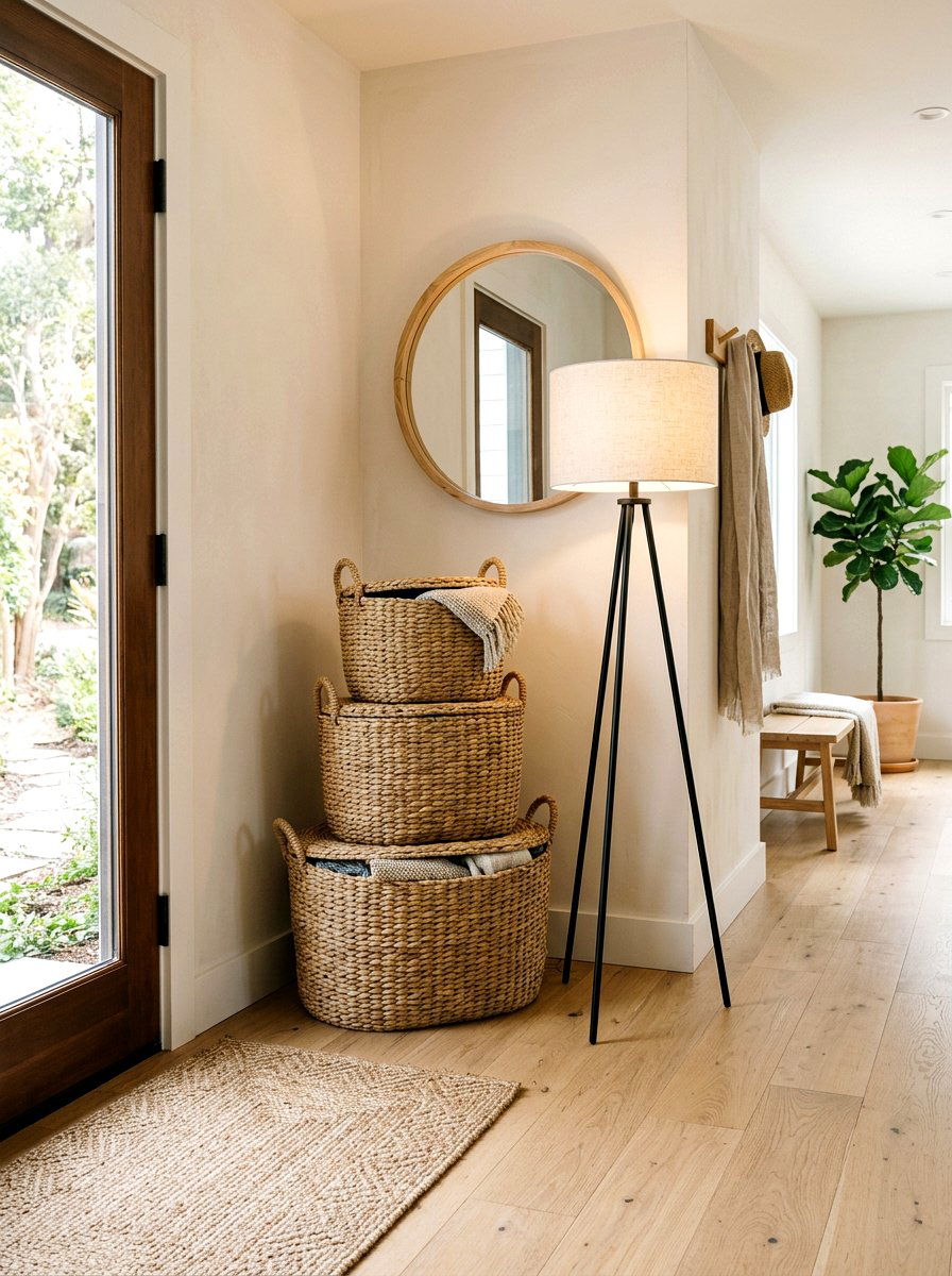 Woven storage baskets - 30 renter friendly entryway ideas