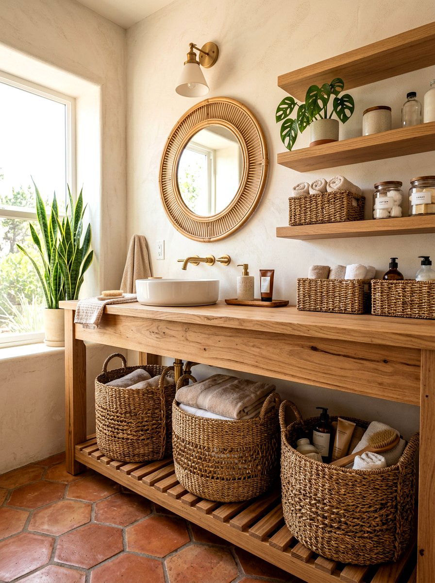 Woven storage baskets - 30 small guest bath decor ideas