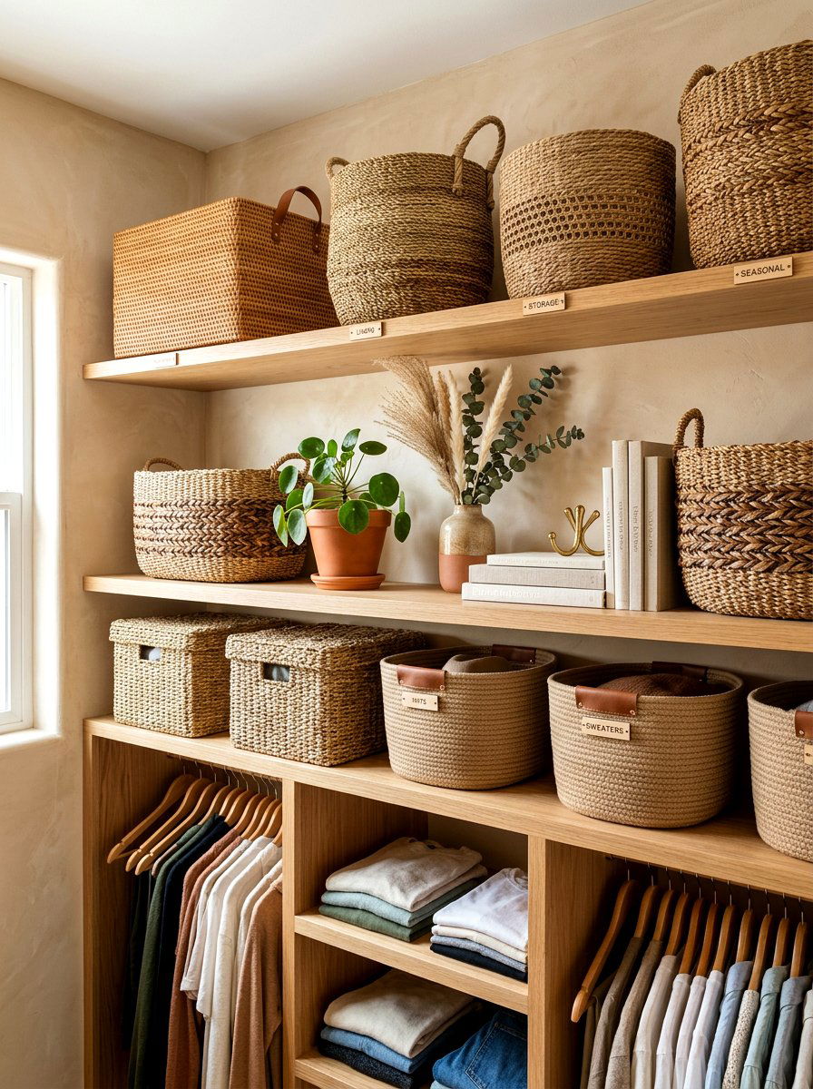 Woven storage baskets - 30 aesthetic closet organization ideas