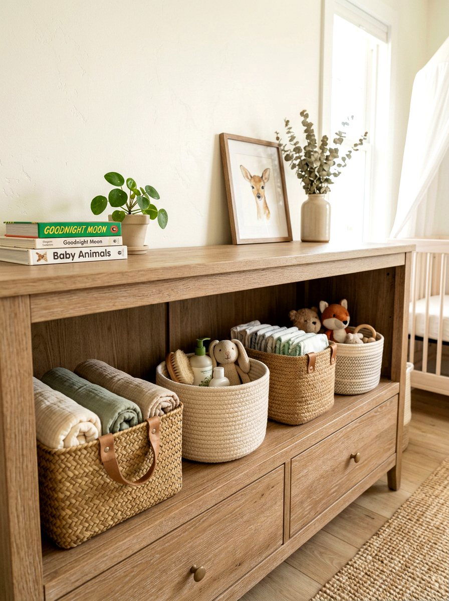 Woven storage baskets - 30 nursery dresser organization ideas