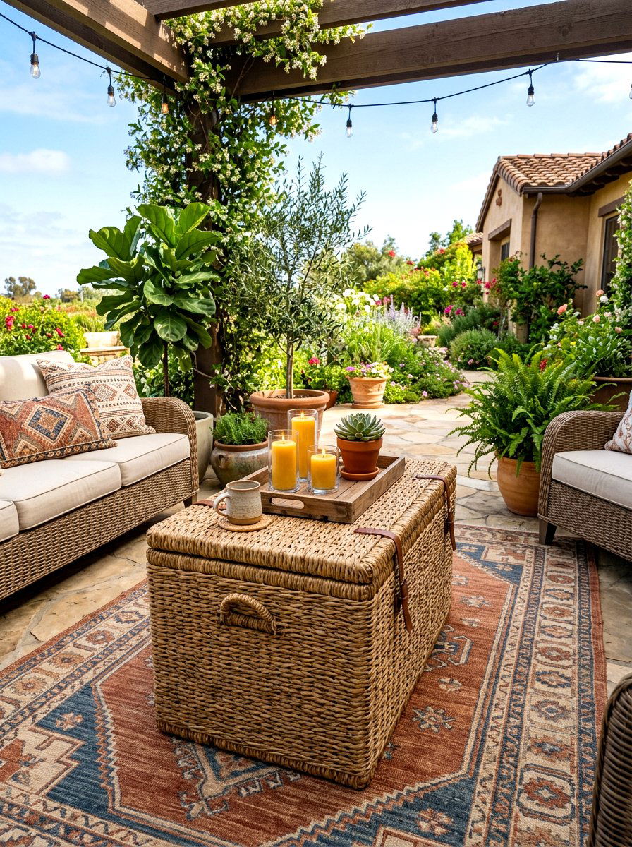 Woven storage trunk - 30 boho outdoor furniture ideas