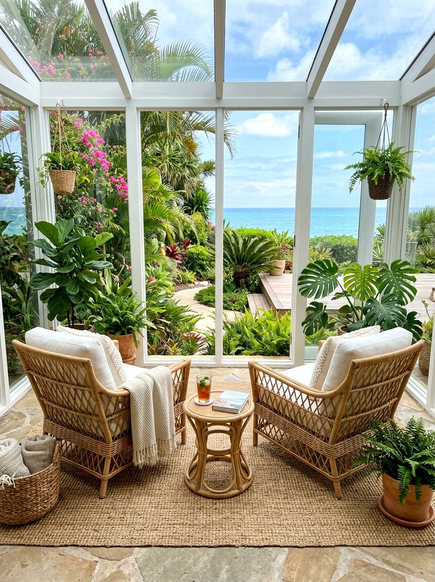 Woven sunroom seating area - 30 coastal grandmother decor ideas