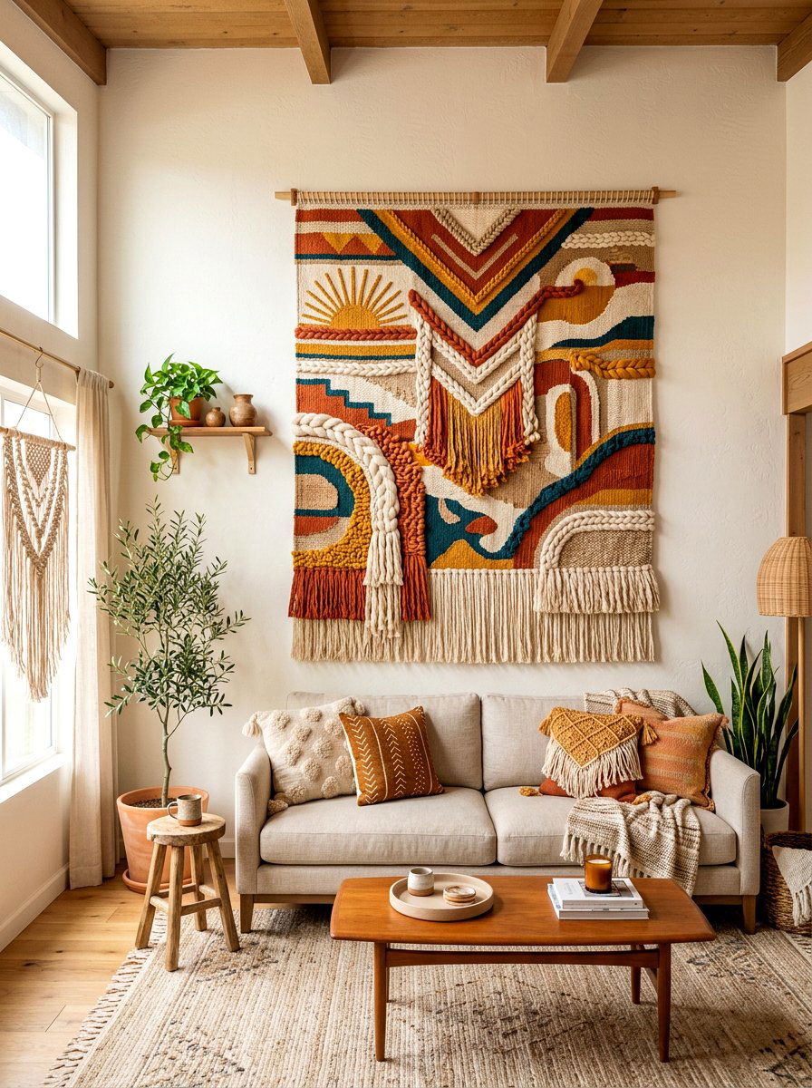 Woven wall art living room - 30 southwestern living room ideas